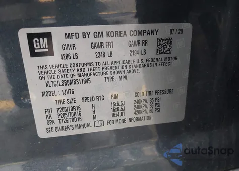 2021 Chevrolet Trax Fwd Lt z USA, uszkodzony, nr VIN KL7CJLSB5MB311845